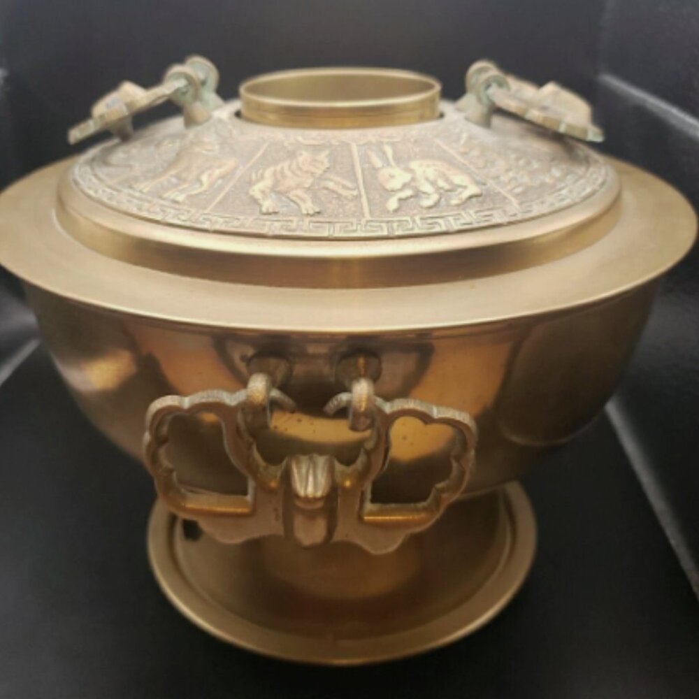 VTG Brass Korean Hot Pot: Sinseonro / Chafing Dish with Chinese Calendar Animals